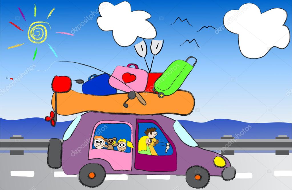 Cartoon funny happy family travel in the car vector illustration