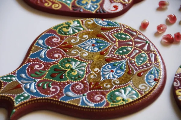 Handpainted Pomegranate Intricate Ornate Pattern Made Wood Painted Acrylic Colors — ストック写真