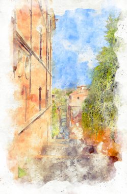Digital illustration in watercolor style of the street of Rome city