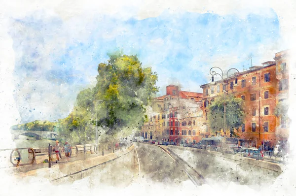 Digital Illustration Watercolor Style Street Lungotevere Farnesina Rome City Tiber — 스톡 사진
