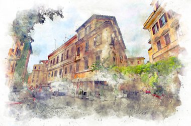 Digital illustration in watercolor style of the street of Rome city