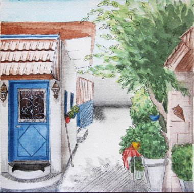 Cute courtyard in Mediterranean style, white walls and blue doors - watercolor illustration