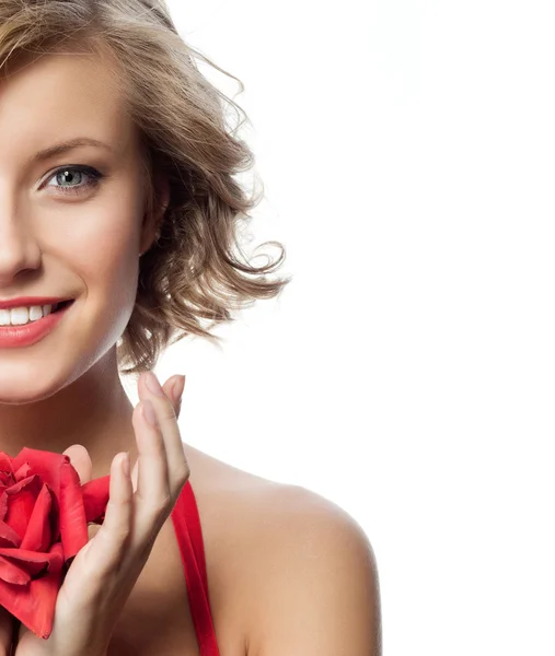 Woman in red dress with rose — Stock Photo, Image