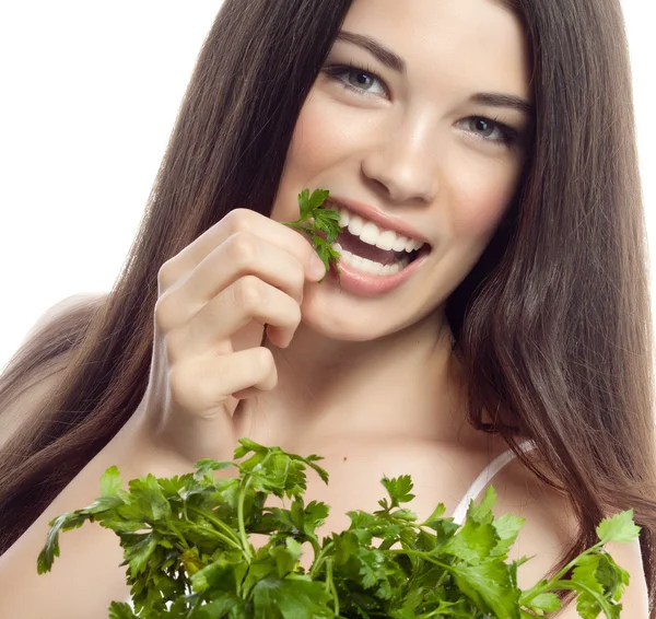 Mulher sorridente com salsa — Fotografia de Stock