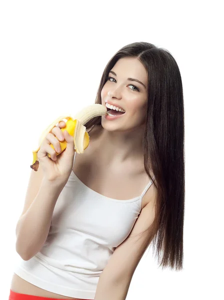 Mulher sorridente com bananas — Fotografia de Stock