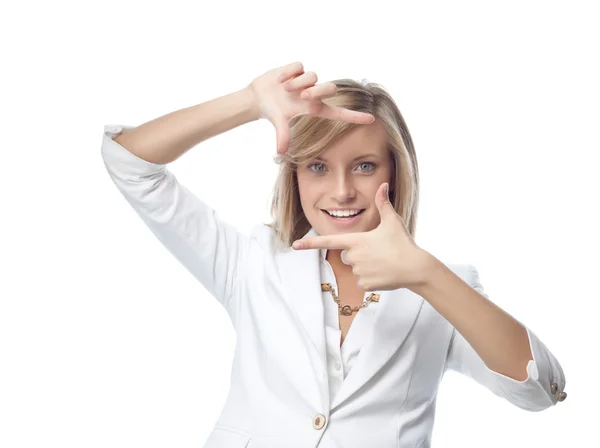 Woman makes hand frame — Stock Photo, Image