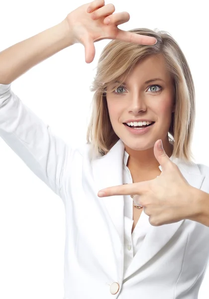 Woman makes hand frame — Stock Photo, Image