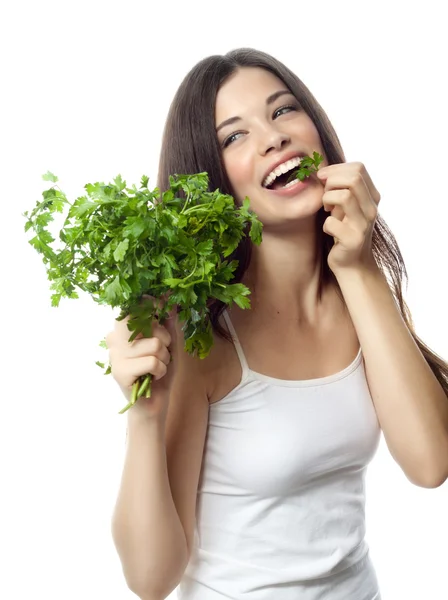 Mulher sorridente com salsa — Fotografia de Stock