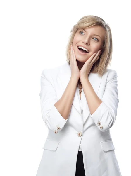 Mujer rubia sonriente sorprendida — Foto de Stock