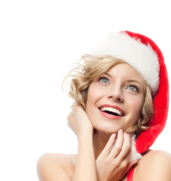 산타의 모자에 있는 여자 — 스톡 사진