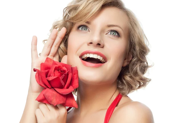 Woman in red dress with rose — Stock Photo, Image