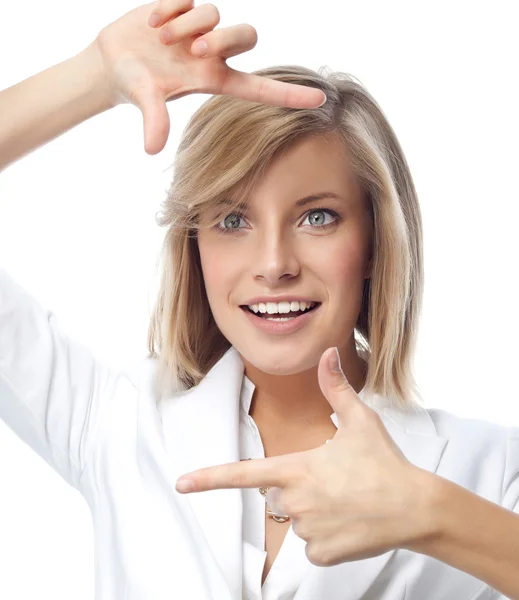 Woman makes hand frame — Stock Photo, Image