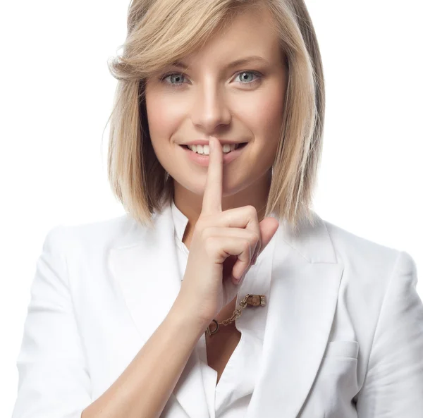 Frau zeigt Schweigegegeste — Stockfoto