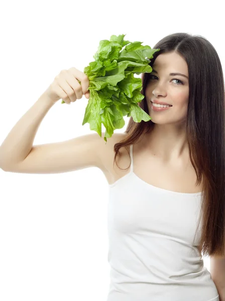 Leende kvinna med salat — Stockfoto