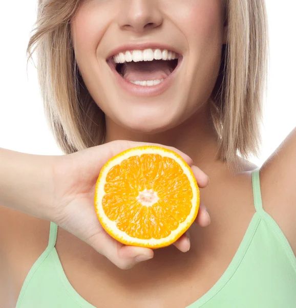 Woman with orange — Stock Photo, Image