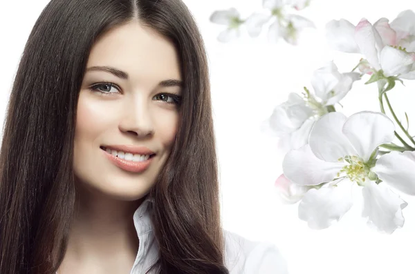 Woman over white flower background — Stock Photo, Image