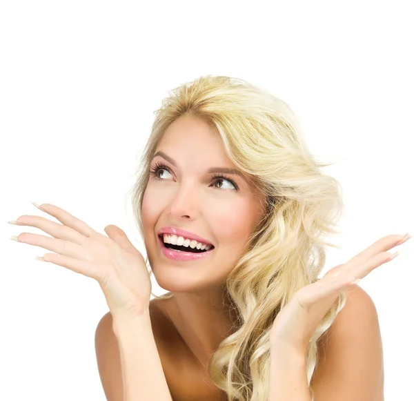 Vrouw blond kijkt verbaasd — Stockfoto