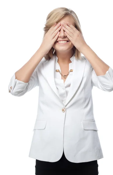 Woman with eyes closed by hands — Stock Photo, Image