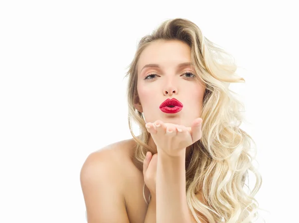 Mujer rubia con la cara de labios rojos —  Fotos de Stock