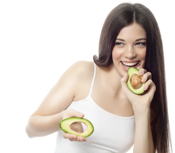 Lachende vrouw met met avocado — Stockfoto