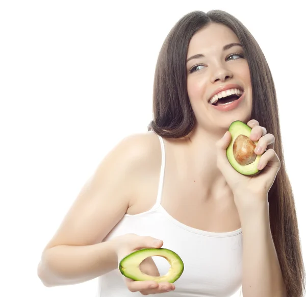 Lachende vrouw met met avocado — Stockfoto