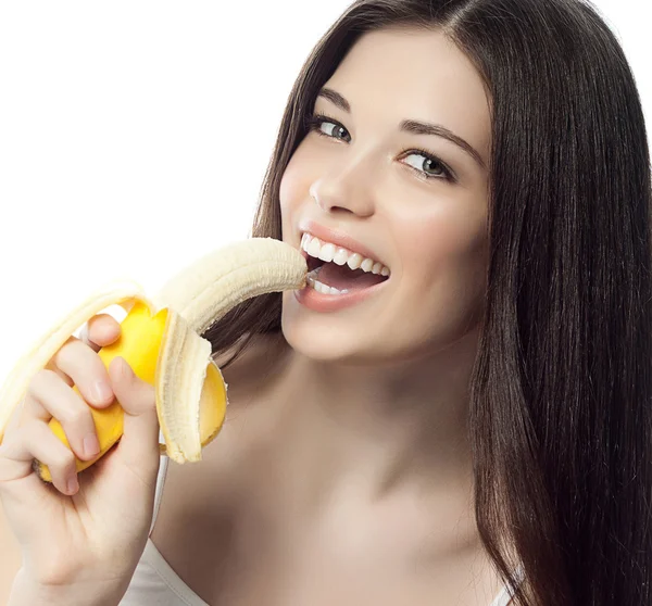 Mujer sonriente con plátanos — Foto de Stock