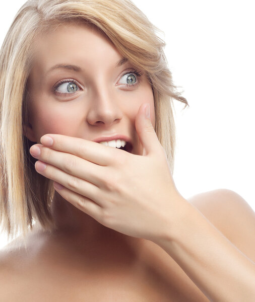 Surprised smiling blond woman