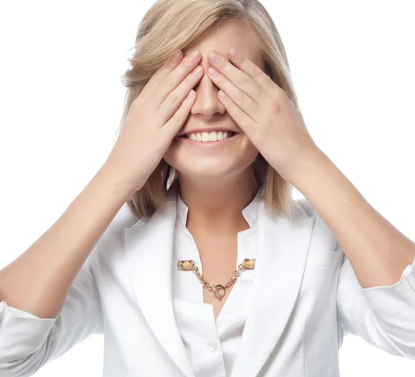 Woman with eyes closed by hands — Stock Photo, Image