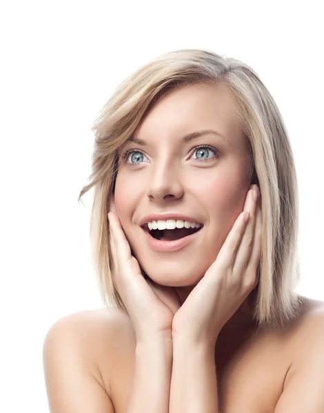 Surprised smiling blond woman — Stock Photo, Image