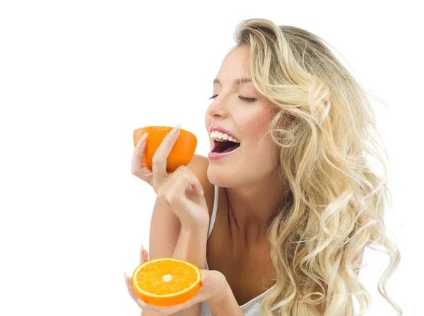 Woman with orange — Stock Photo, Image