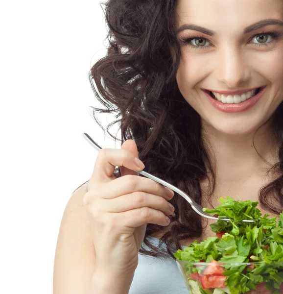 Donna sta mangiando insalata di salat — Foto Stock