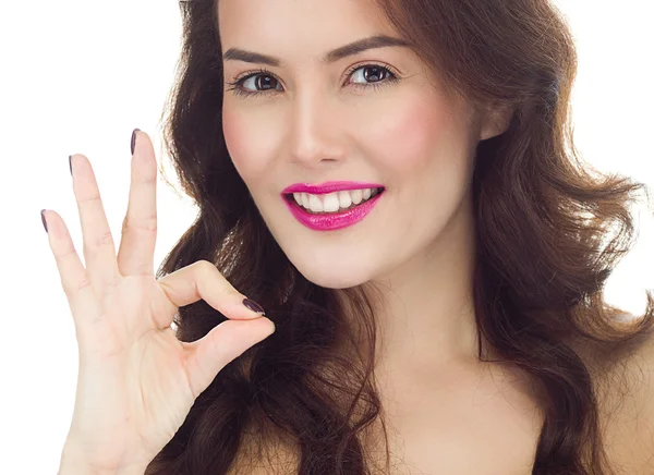 Woman shows ok gesture — Stock Photo, Image