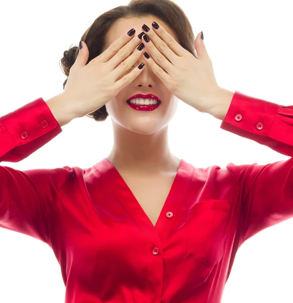 Woman with eyes closed by hands — Stock Photo, Image