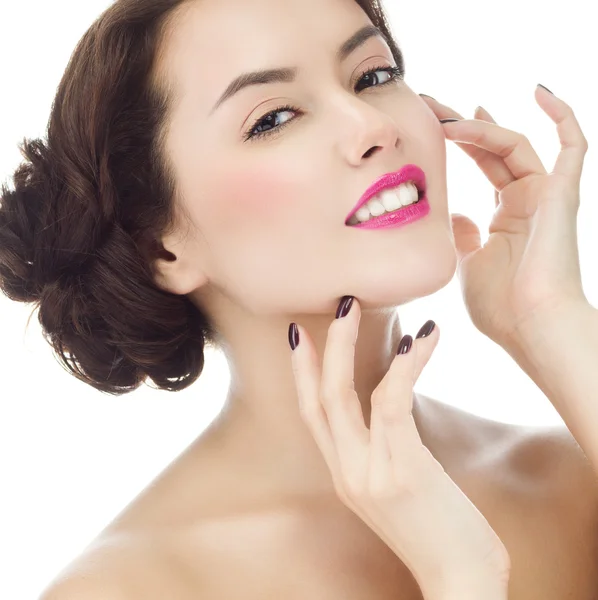 Mujer con sonrisa dentada cara — Foto de Stock