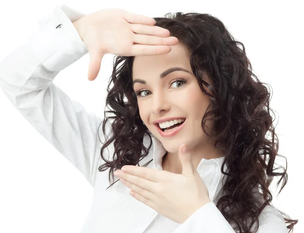 Vrouw maken frame van de handen — Stockfoto