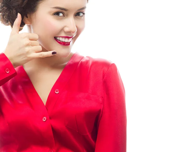 Woman makes call gesture — Stock Photo, Image