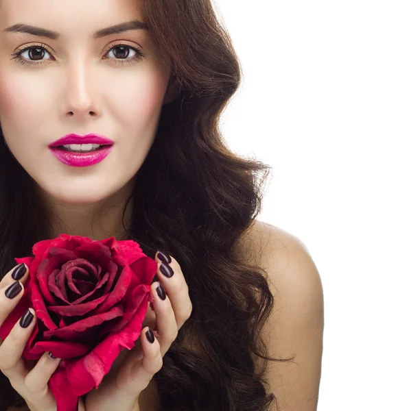 Kobieta z czerwony kwiat róży — Zdjęcie stockowe