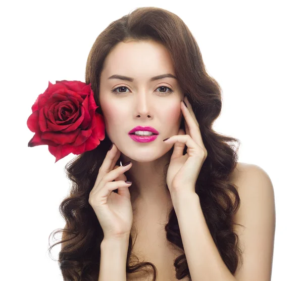 Frau rote Rose Blume — Stockfoto