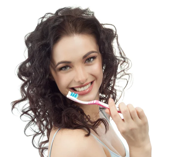 Femme avec brosse à dents — Photo