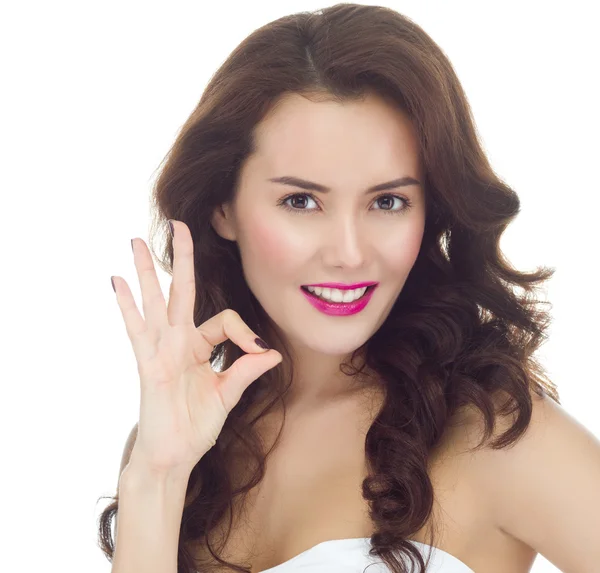 Woman shows ok gesture — Stock Photo, Image