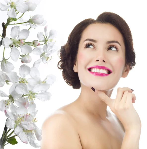 Woman with blossom white flowers — Stock Photo, Image