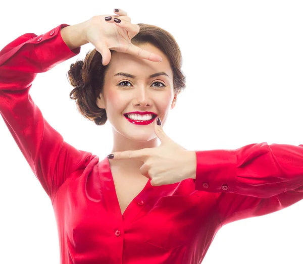 Frau mit Handrahmen — Stockfoto