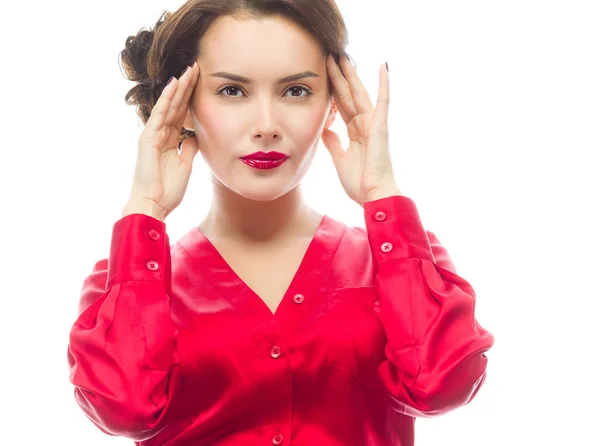 Mujer con dolor de cabeza gesto — Foto de Stock