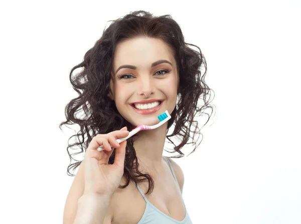 Femme avec brosse à dents — Photo