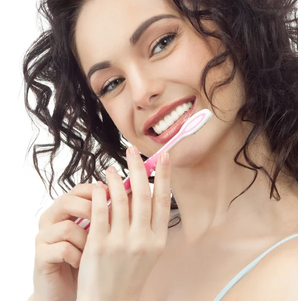 Femme avec brosse à dents — Photo