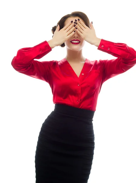 Woman with eyes closed by hands — Stock Photo, Image