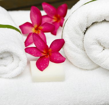 Kırmızı plumeria çiçekleri beyaz havlular