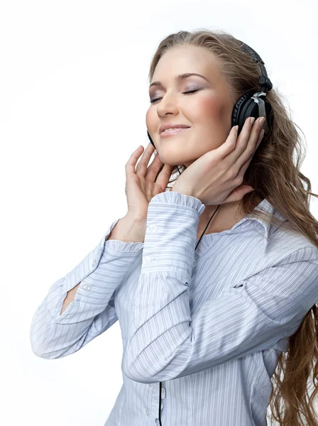 Mulher beleza com fones de ouvido — Fotografia de Stock