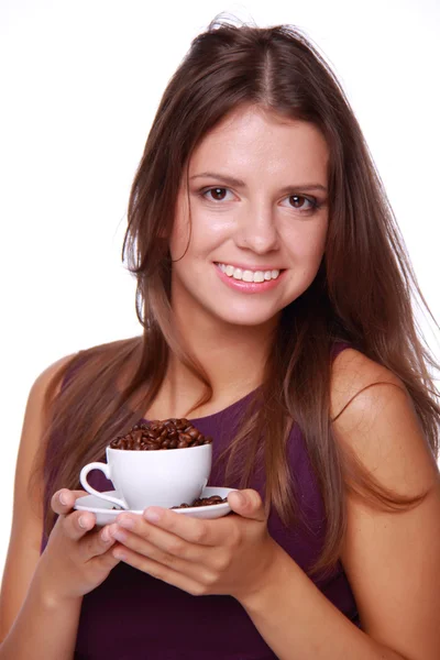 年轻女子拿一杯咖啡 — 图库照片