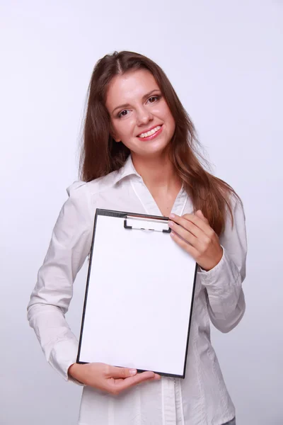 Brunette met papier in zijn handen Stockfoto